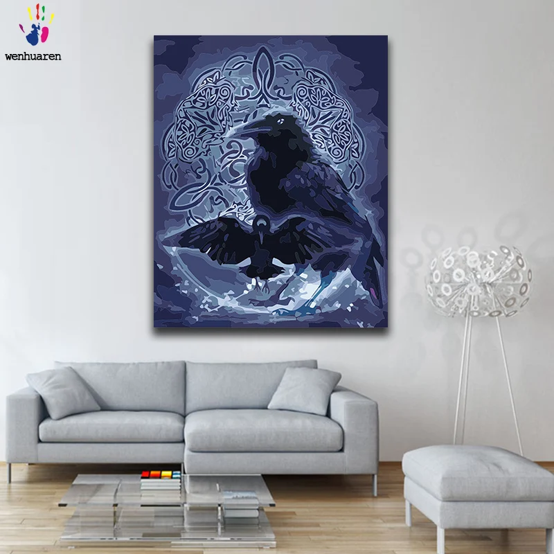 DIY Coloring paint by numbers Crow in the dark paintings with kits 40x50 framed | Дом и сад
