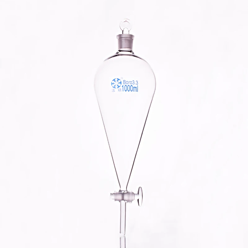 Separatory funnel pear shape,with ground-in glass stopper and stopcock,Capacity 1000ml,glass switch valve