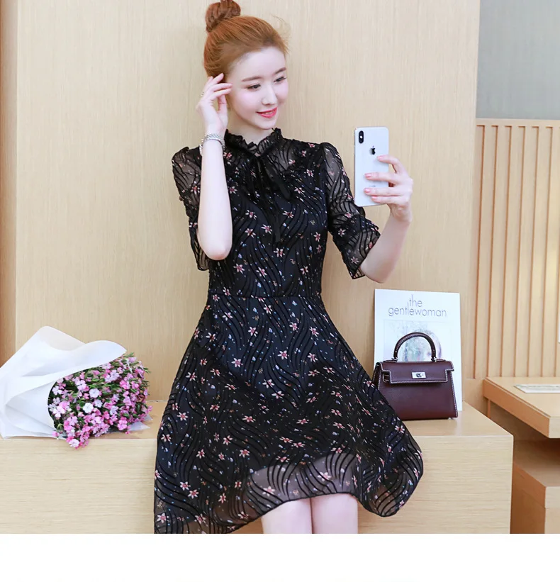 2018Summer Fashion Ladies plus size pinched waist floral chiffon dress stand collar cultivating Casual vestido tunics L-XXXXXL | Женская
