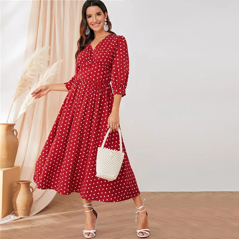 SHEIN Burgundy Polka Dot Wide Waistband Button Detail Maxi Dress Women Elegant V Neck Bishop Sleeve Long Dress Party Dresses