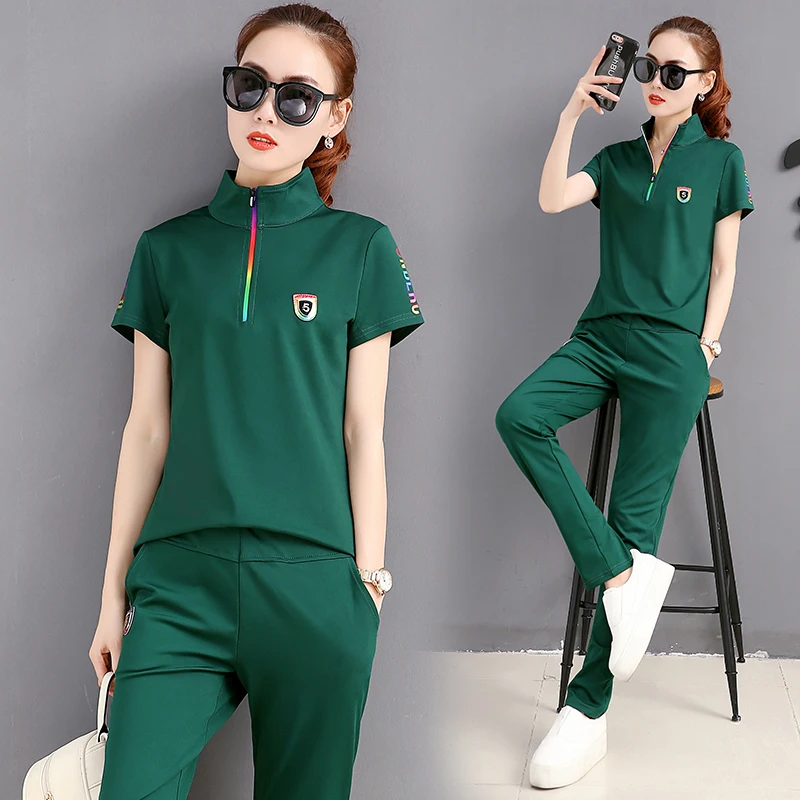 Женский костюм 2019 Новая мода лето короткий рукав футболка + брюки Повседневная