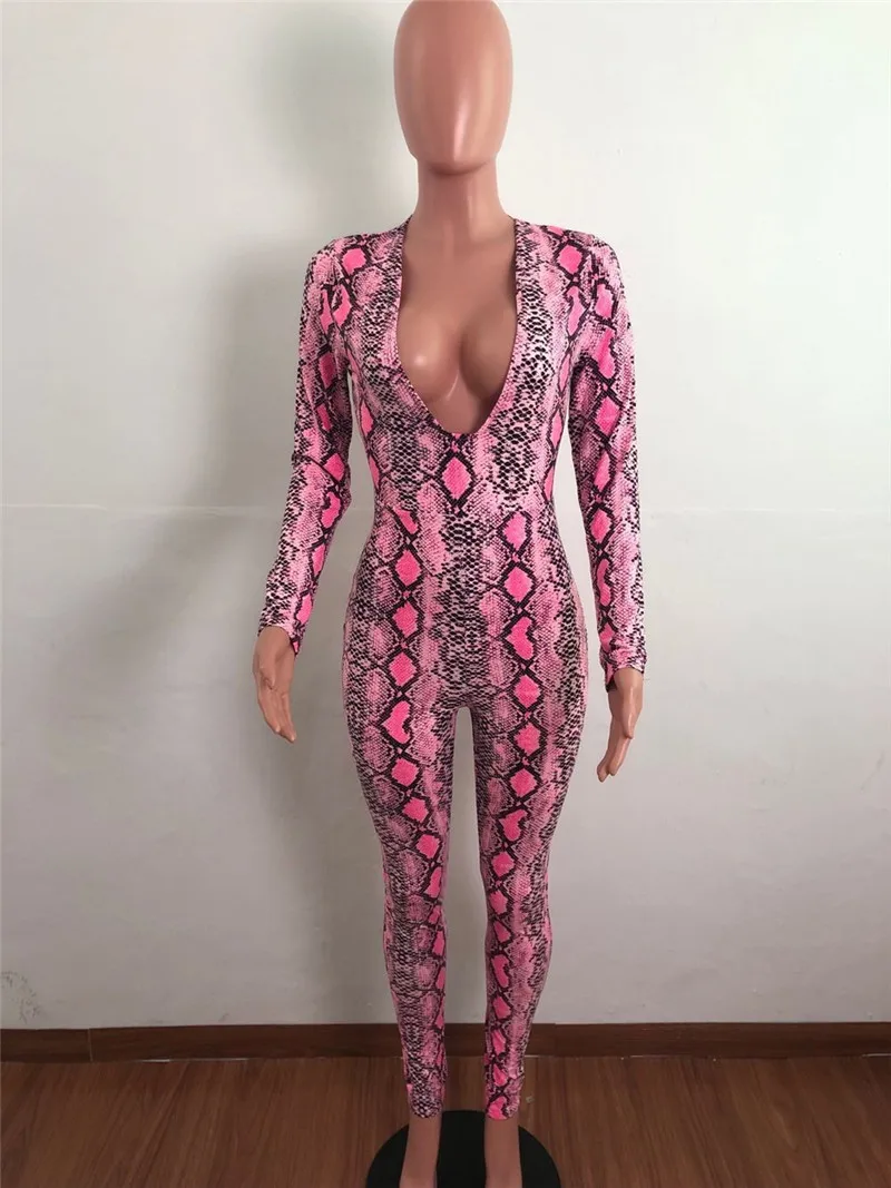 Женский комбинезон со змеиным принтом Облегающий с глубоким V образным вырезом и