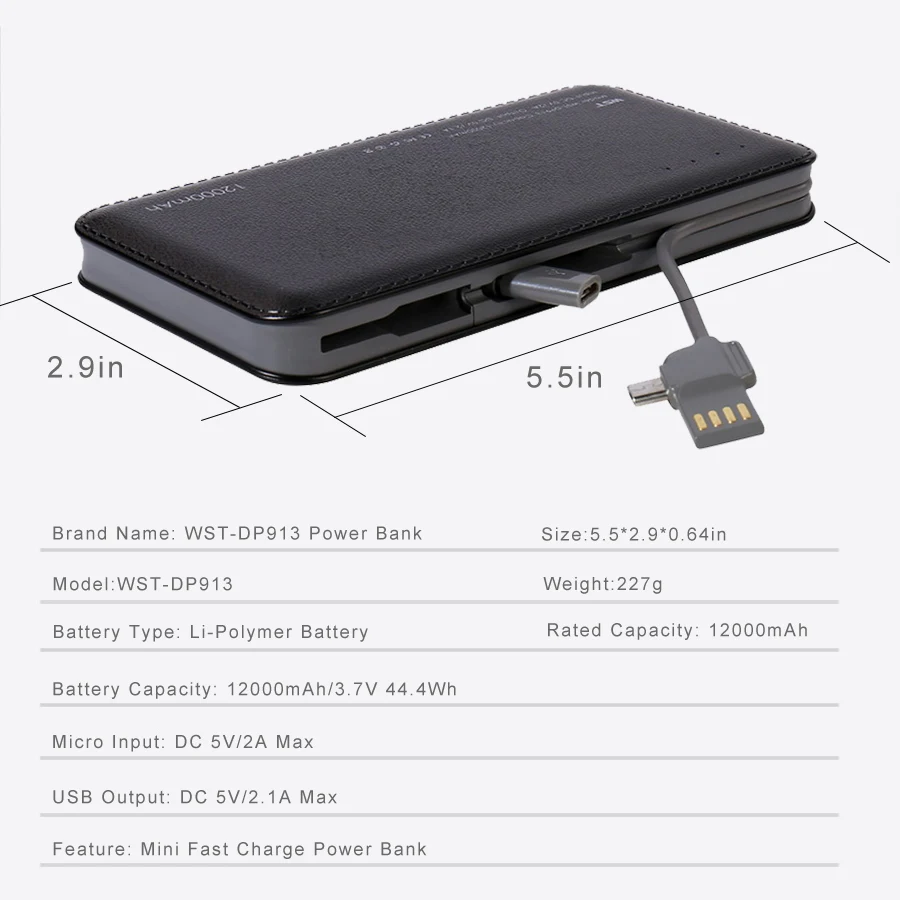 WST 12000 мАч портативный мобильный внешний аккумулятор для телефона iPhone Samsung