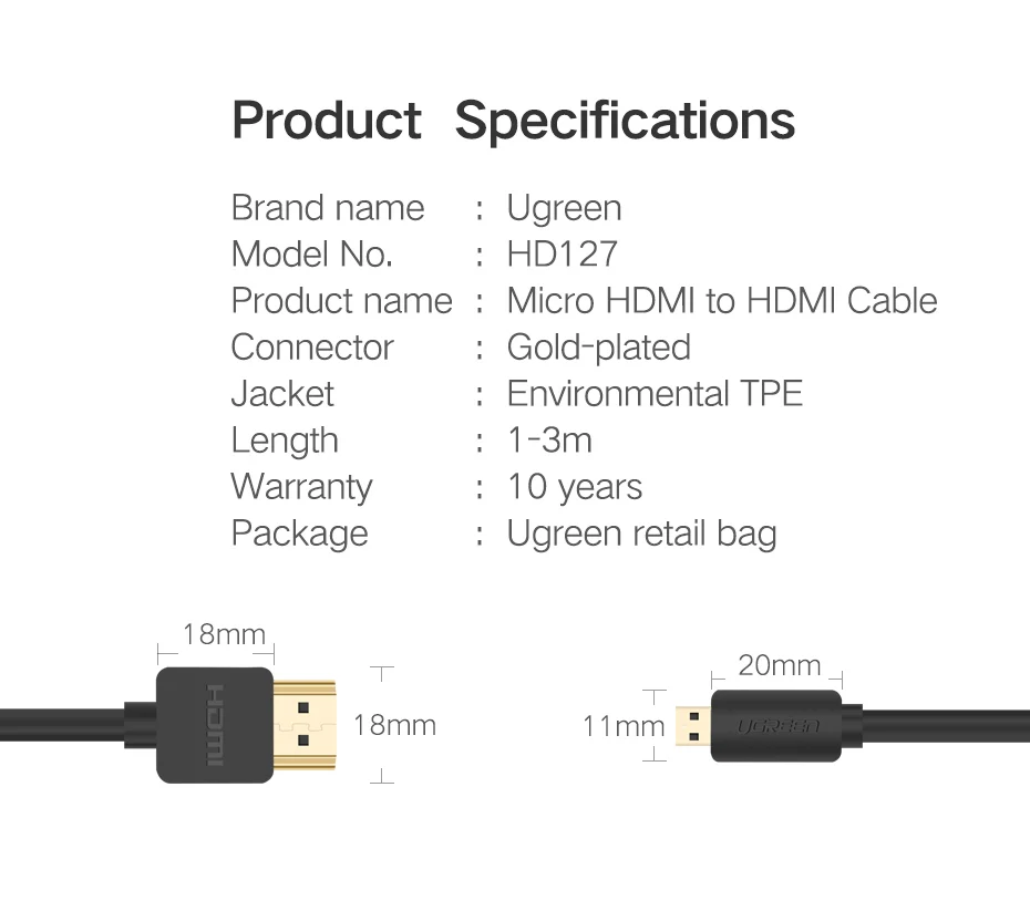 Ugreen Micro HDMI к HDMI кабель 1,5 м 2 м 3 м 3D 4 к* 2 к Male-Male High Premium позолоченный HDMI адаптер для телефона планшета HDTV камеры