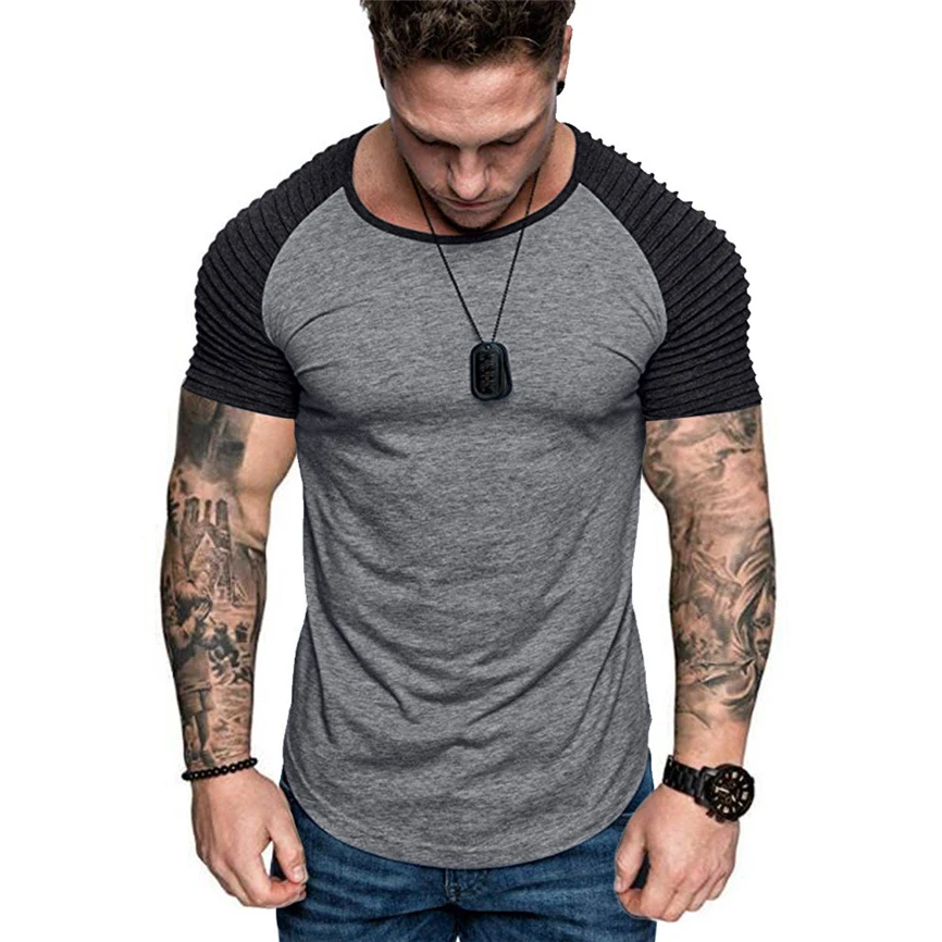 Мужская футболка модная мужская летняя со складками облегающая реглан пэчворк с