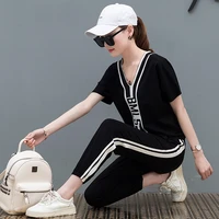 leisure sporting suit set 2022 summer new cotton ladies suit loose size two piece set fashion sports suit female youth clothing