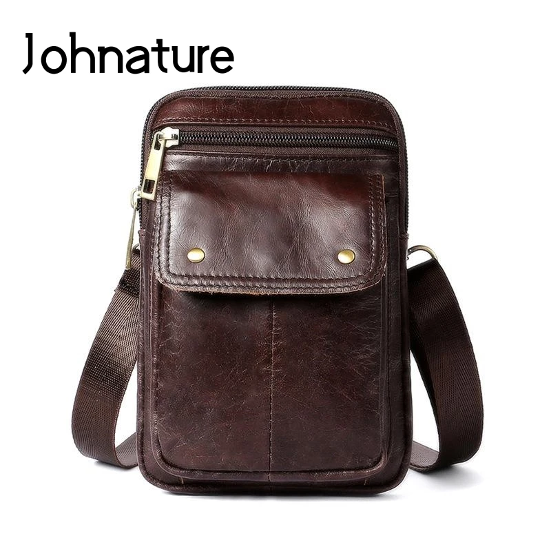 

Johnature Genuine Leather Men Shoulder&crossbody Bags Vintage Solid Color Small Bags 2021 New Leisure Messenger Bag Waist Packs