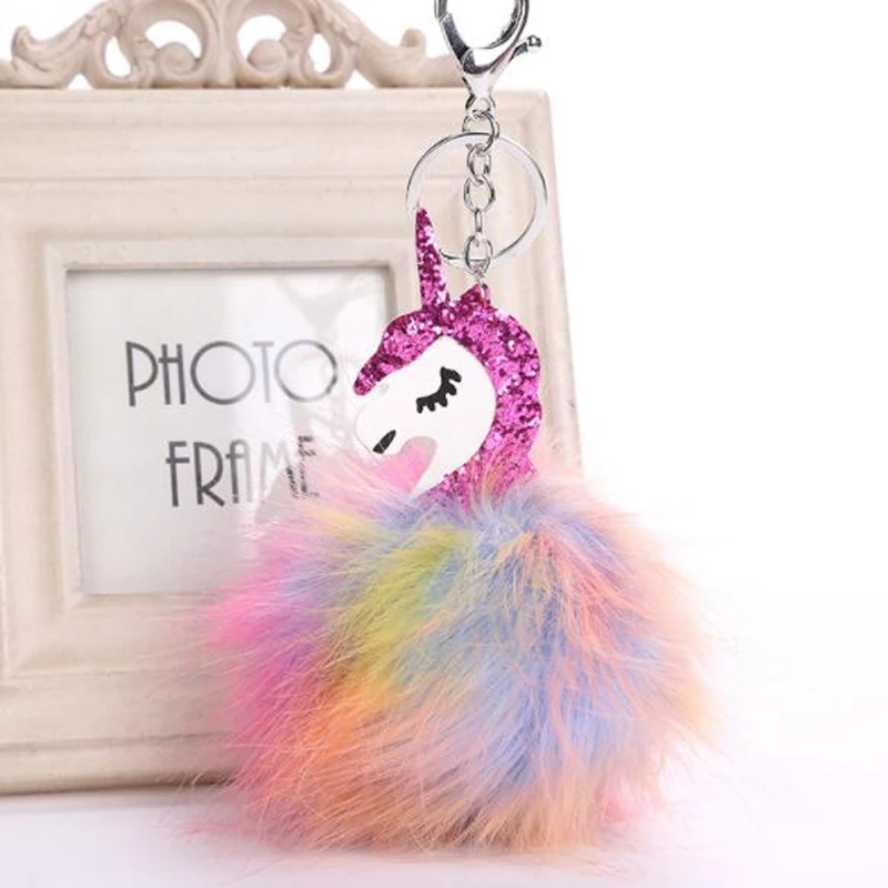 

2017 Unicorn pompom Keychain Rabbit fur ball Fluffy licorne key chain Horse porte clef pompom de fourrure pompon Bag Car Keyring
