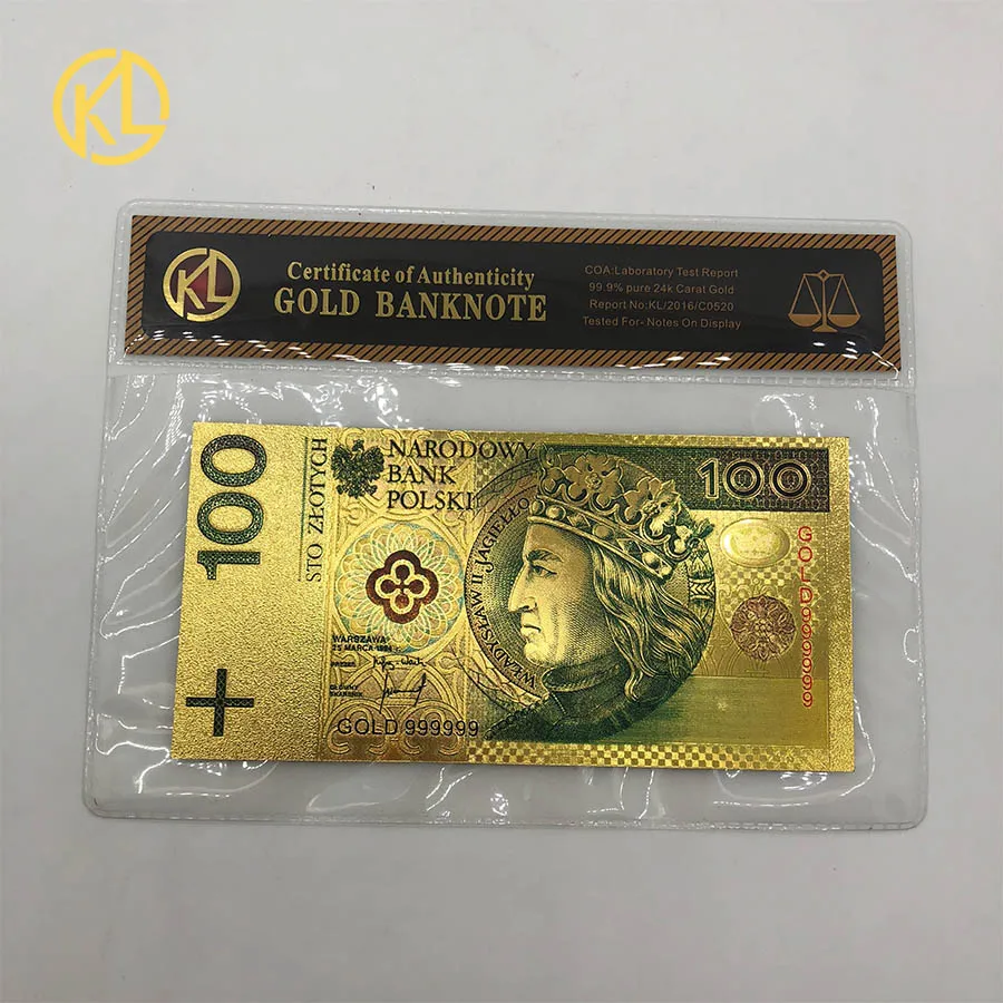 PLN100-COA 1 шт., крашеная 999,9 Золотая фольга, банкноты для денег, Польша, 10, 20, 50, 100, 200, 500 злотых, для деловых подарков и украшения дома - Цвет: PLN100-COA
