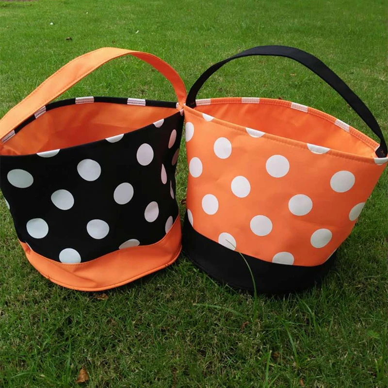 

Polka Dots Halloween Buckets 25pcs Lot US Warehouse Orange Black Halloween Tote Bag Halloween Trick or Treat Candy Baskets