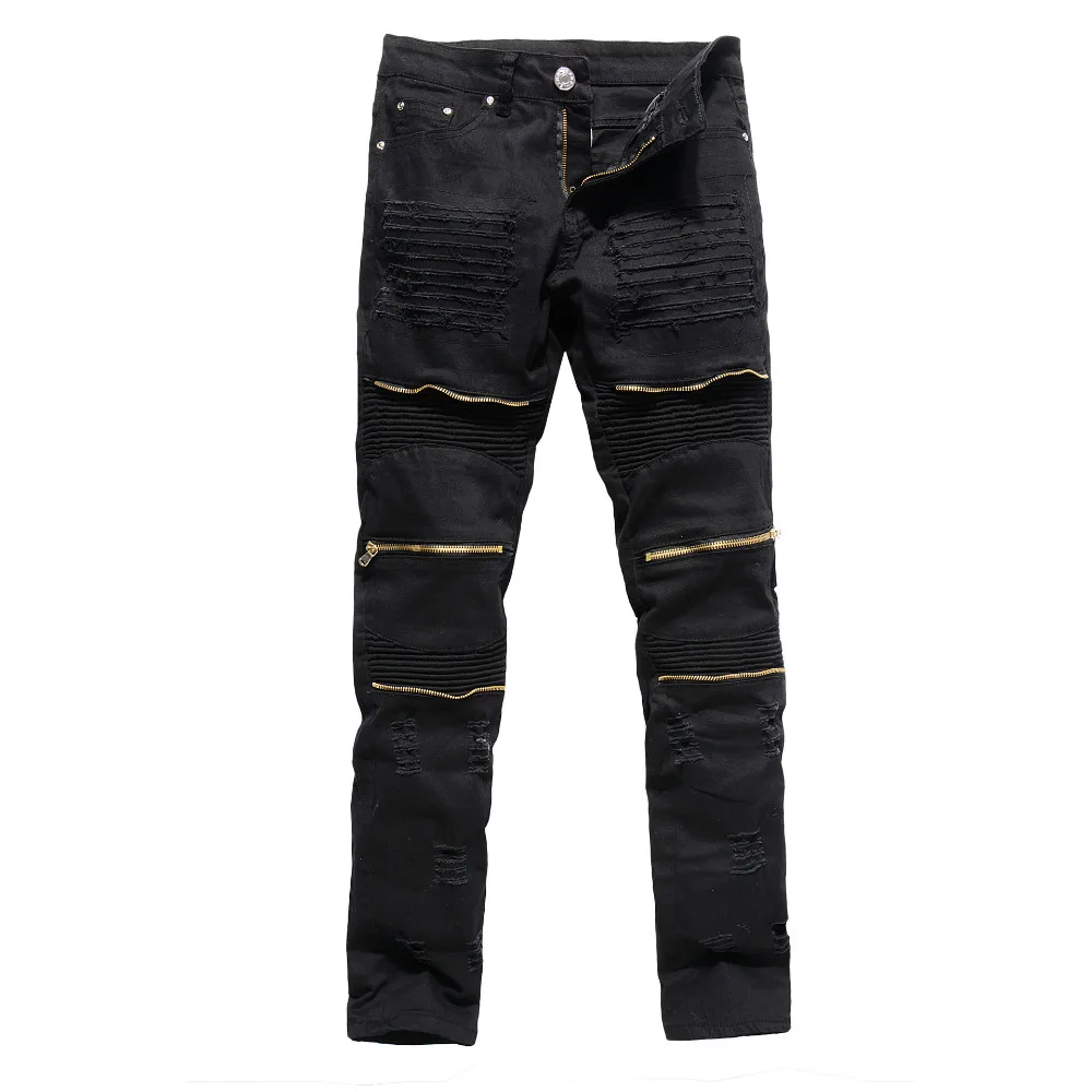 Модные мужские рваные байкерские джинсы в стиле хип хоп|motorcycle denim pants|mens ripped biker