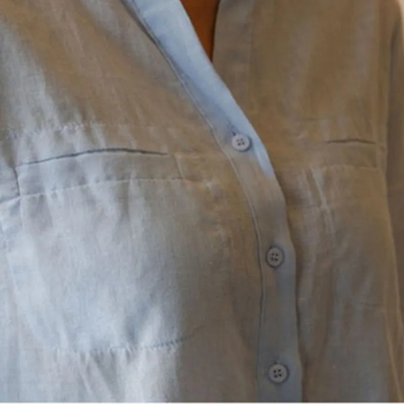 

Women Spring Stand Shirt Cotton Linen Three Quarter Sleeve Solid White Blue Casual Blouse Fashion Tops New 045-980