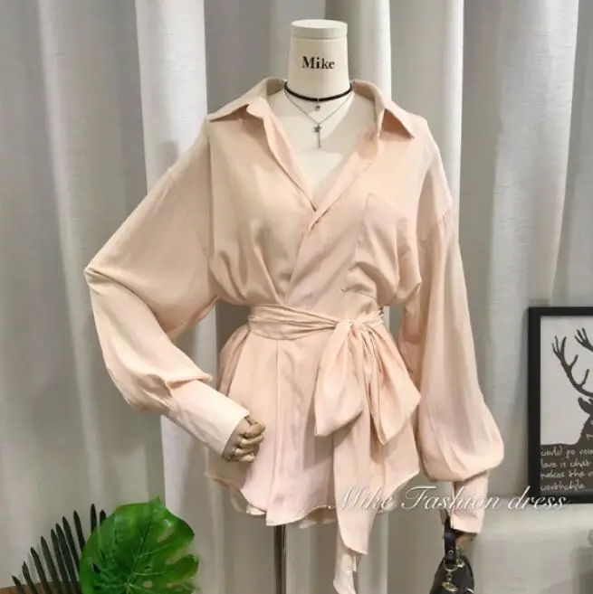 2019 New Spring Pure Color Loose Belt Long-sleeved Blouse Shirt + Wide Leg Shorts Two-piece Lady Girls Casual Suit |