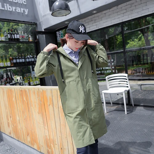Female Hooded Trench Coats New 2018 Women Causal Army Green Medium Long Mujer Spring Autumn Harajuku Windbreaker Feminina|hooded trench coat|trench