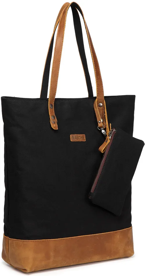 Black Canvas Leather VASCHY коровья кожа Холщовая Сумка-тоут для женщин водостойкая винтажная большая сумка-тоут для работы сумки на плечо для женщин - Цвет: Black Canvas Leather