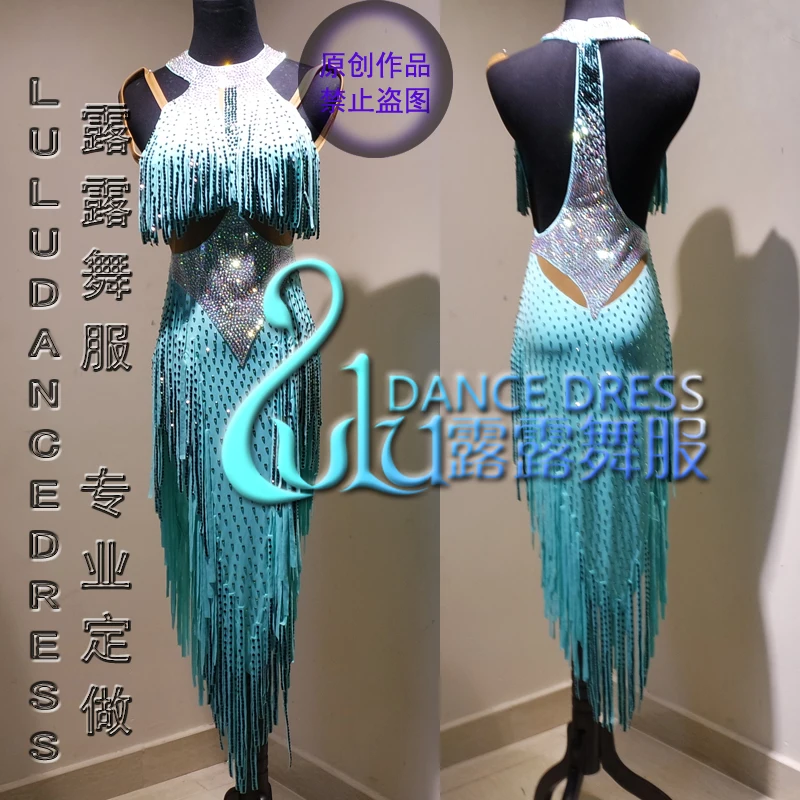 Blue stripes Latin dress Sexy Professional customization latin Lemon Huang Shuijing dance | Тематическая одежда и униформа