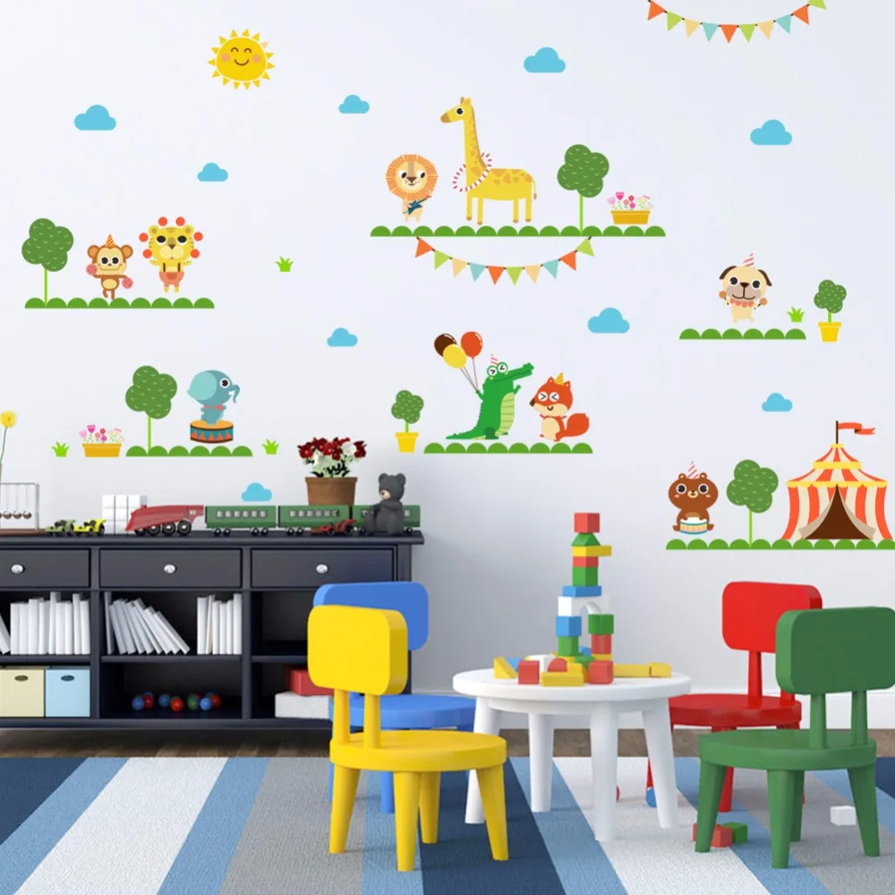 % Jungle Wild Animals Lion Giraffe Tiger Monkey wall stickers For kids room children nursery amusement park decal Mural | Дом и сад