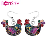bonsny alloy enamel novelty hen chicken earrings dangle stud fashion animal pet jewelry for women girls gift charms accessories