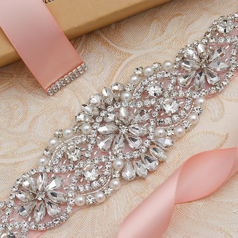 Женский свадебный пояс MissRDress стразы Серебристый с кристаллами и жемчужинами