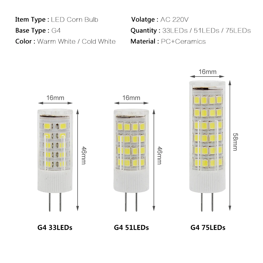 Высокое качество G4 LED 2835 SMD 3 Вт 4 5 AC 220 В 33 светодиода 51 светодиод 75 светодиодов