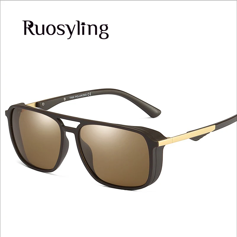 Brown Ruosyling Мужчины Солнцезащитные Очки Поляризованные TR Квадратная Рамка UV 400 Очки Для Мужчин Открытый Вождение Рыбалка Ультра Легкие Солнцезащитные Очки Мужчины Новое Прибытие - Цвет линз: Brown