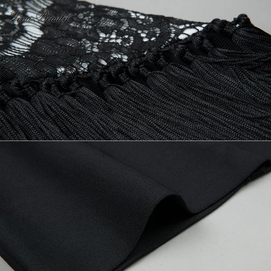 

2019 New Dress Chic Graceful Floral Lace Tassels Embellished Black Bandage Dress Sexy V Neck Mini Cocktail Party Rayon Dress