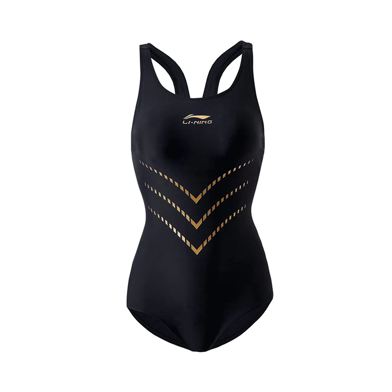 LI-NING женский купальник, профессиональный спортивный треугольный Цельный купальник, купальный костюм, купальный костюм, размеры от L до 3XL - Цвет: black