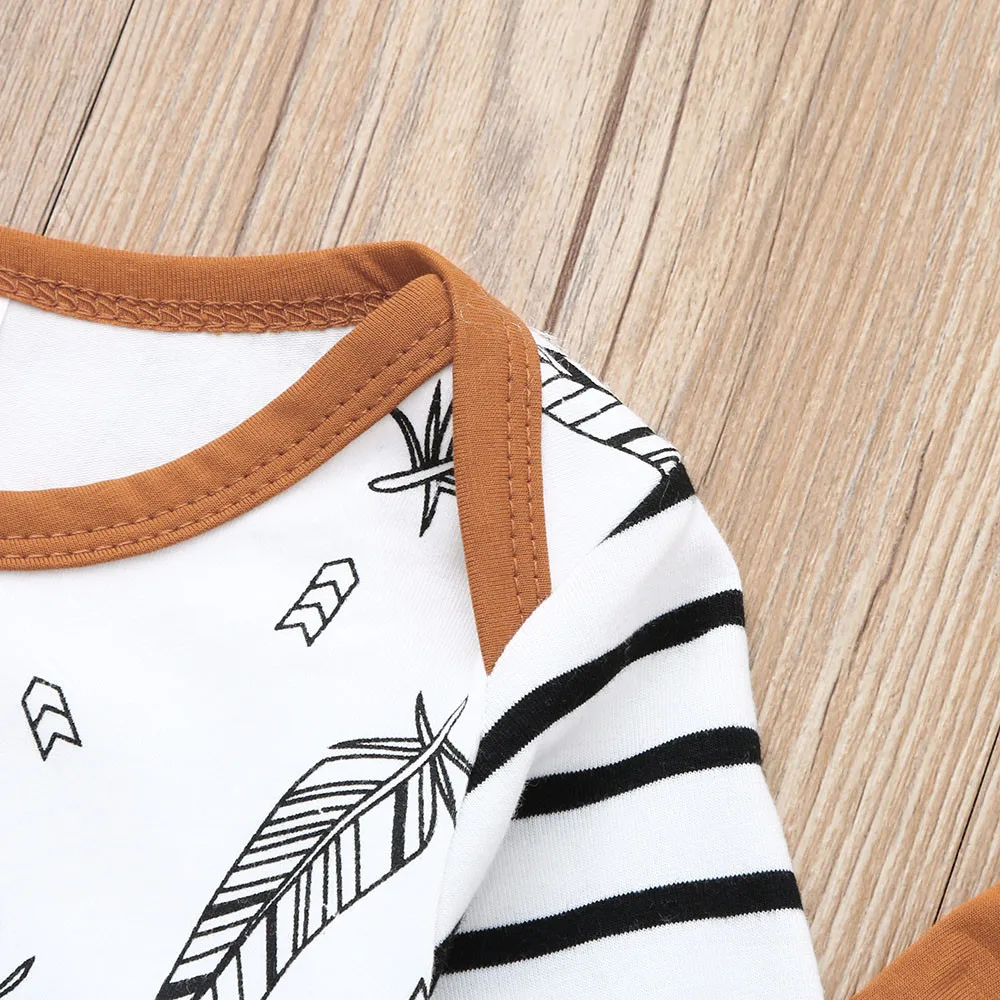 

New Spring Autumn Newborn Baby Boy Girl Feather T shirt Tops Striped Pants Clothes Outfits Set Keep warm Fashion Dropship