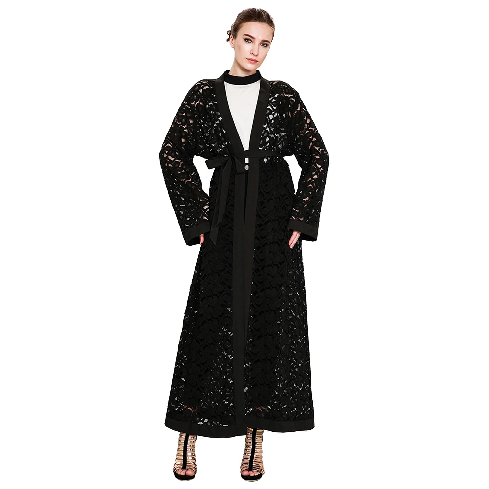 Женщины выдалбливают мусульманин Кружева абайя кардиган сетки лоскутное