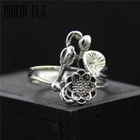 genuine 925 sterling silver female vintage simple open rings lotus design fashion jewelry for women opening adjustable ring