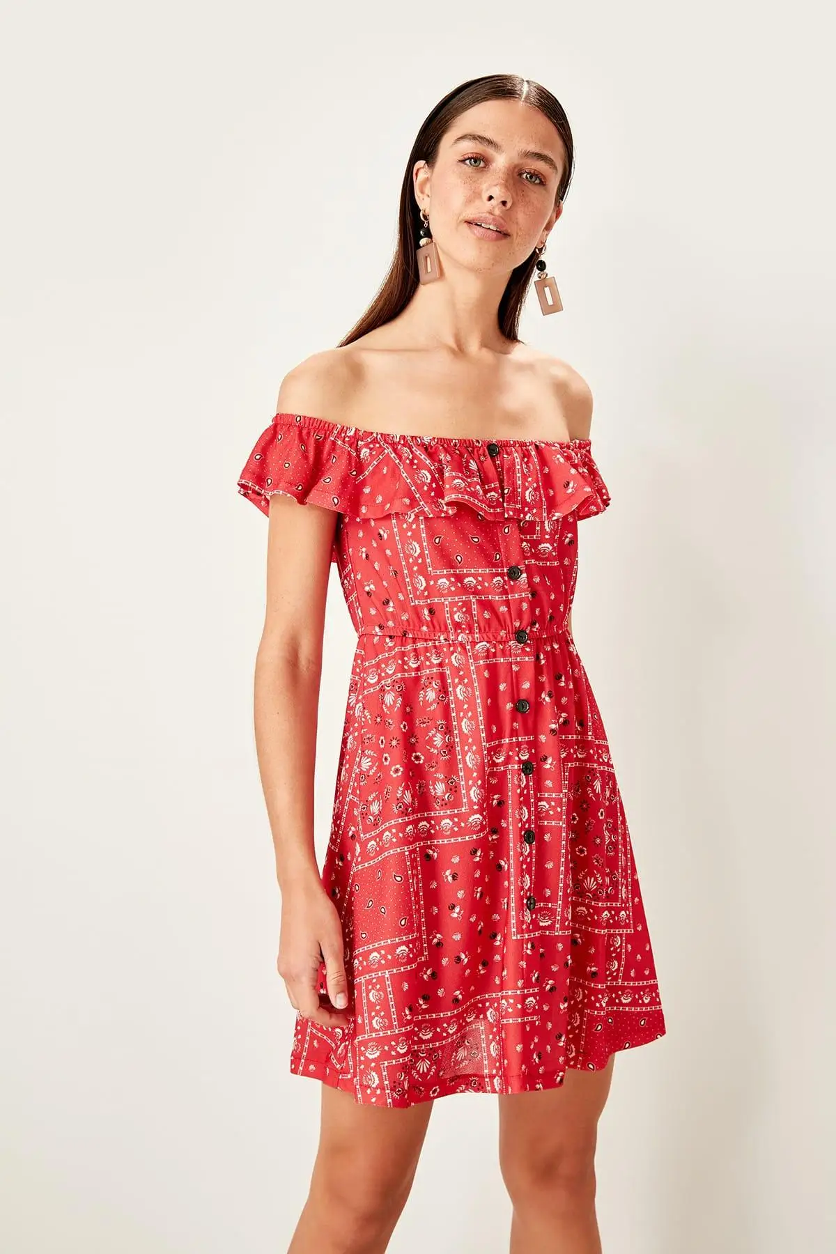 Trendyol красный Кармен воротник узор трикотажное платье TWOSS19ST0144|Женские платья| |
