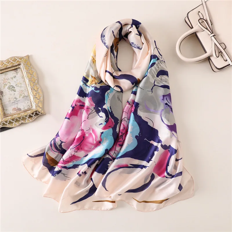 new silk scarves women geometric striped shawl wrap high quality scarf large pashmina soft bandana hijab Beach towel | Аксессуары для