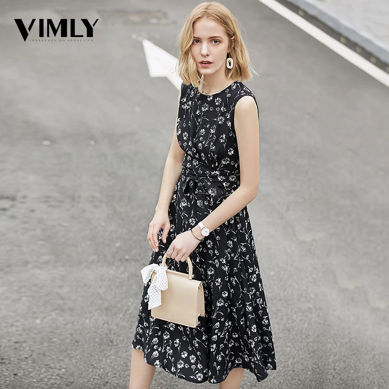 Vimly шифоновое платье с принтом летнее женское черное без рукавов цветочным