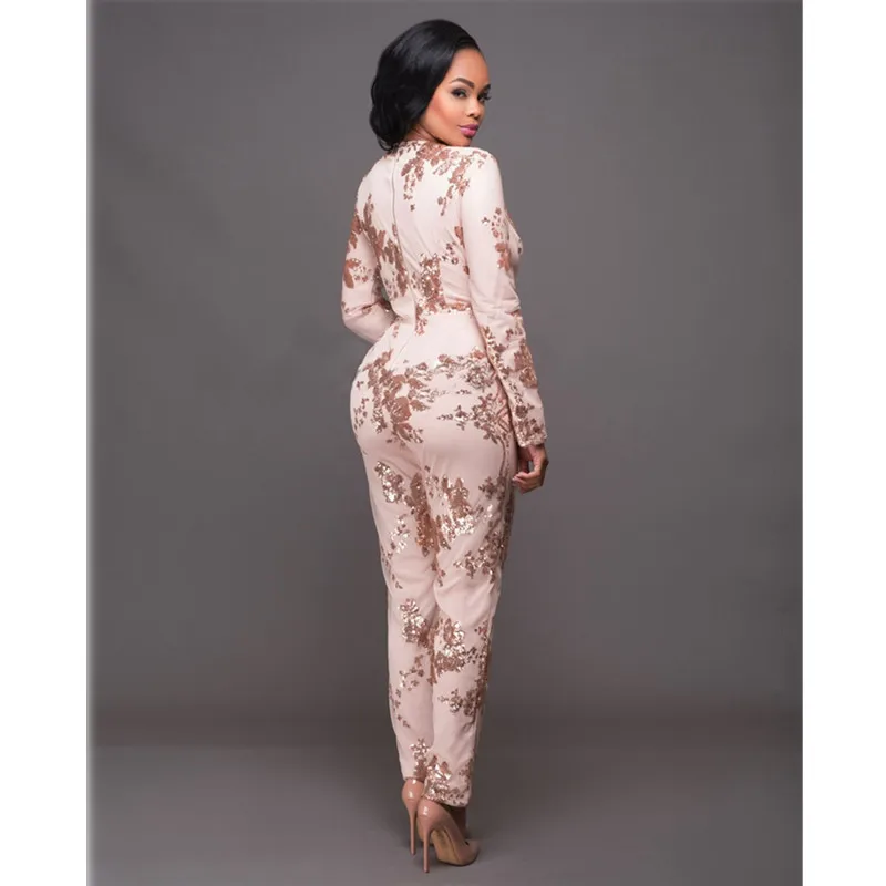Sequin Jumpsuit Women Deep V neck Long Sleeve Bodycon Jumpsuits Sexy mesh Patchwork Rompers ladies Glitter Club Party Overalls