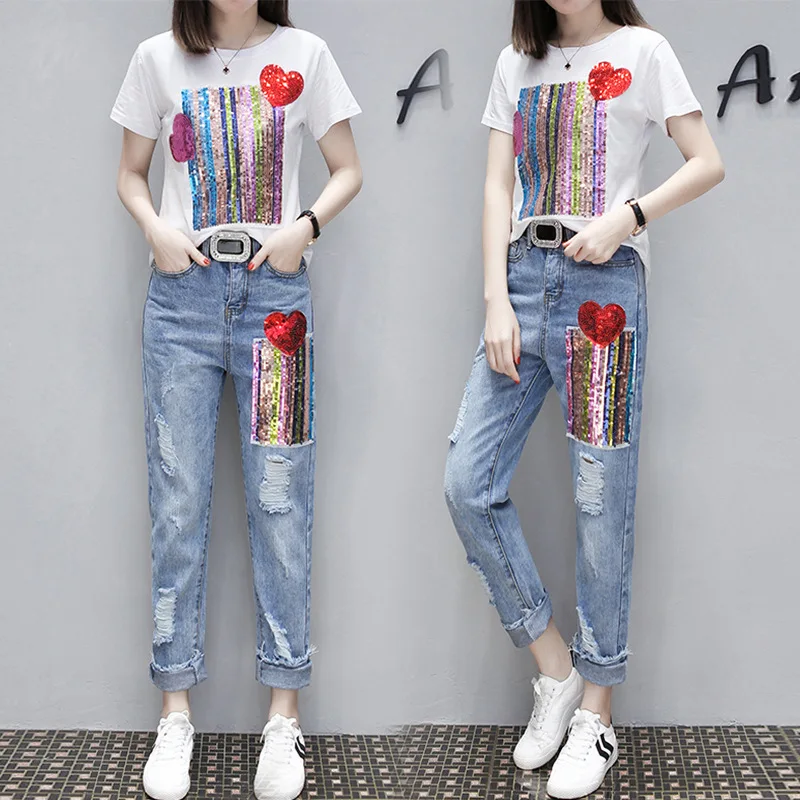 2019 summer fashion new sequin print short-sleeved T-shirt + hole jeans two-piece suit student leisure | Женская одежда