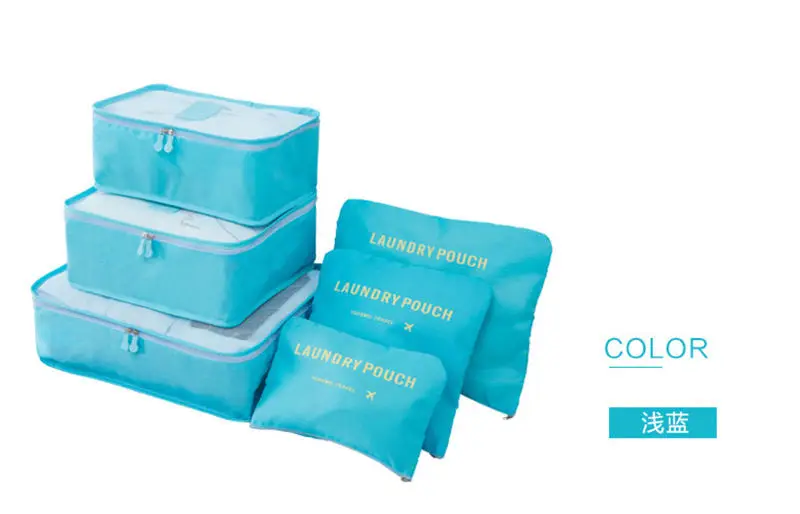 light blue Нейлоновый куб для упаковки, дорожная сумка, Прочная Система, 6 шт., набор, большая емкость сумок, унисекс, одежда для сортировки, организовать оптовую продажу - Цвет: light blue