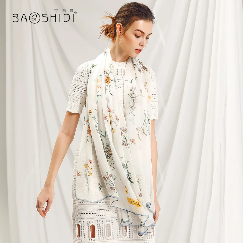 Женский шарф BAOSHIDI из 100% шелка модные длинные шелковые шарфы шифона большой