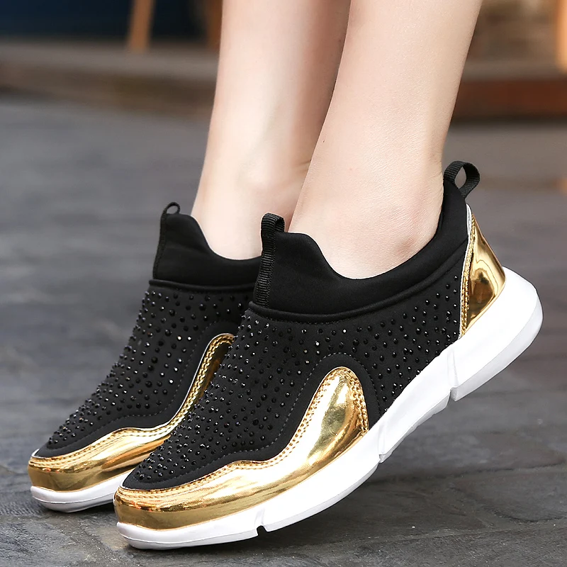 Новинка 2018 года летние дышащие женские кроссовки золотистого цвета без застежки