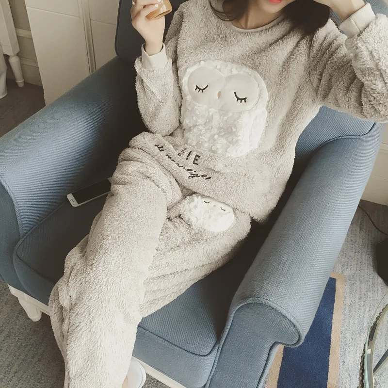 Женская ночная сорочка из кораллового флиса одежда для сна с милым рисунком совы