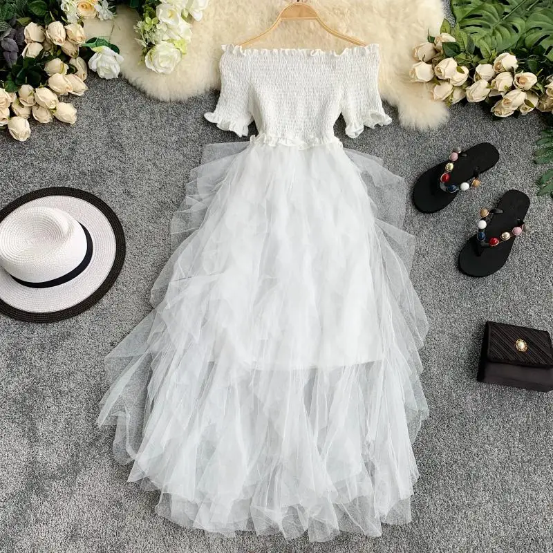 ALPHALMODA, Дамское милое бальное платье, платье с эластичным верхом, с открытыми плечами, неровное, гофрированное, Сетчатое, лоскутное, для женщин, Ретро стиль, принцесса, vestidos
