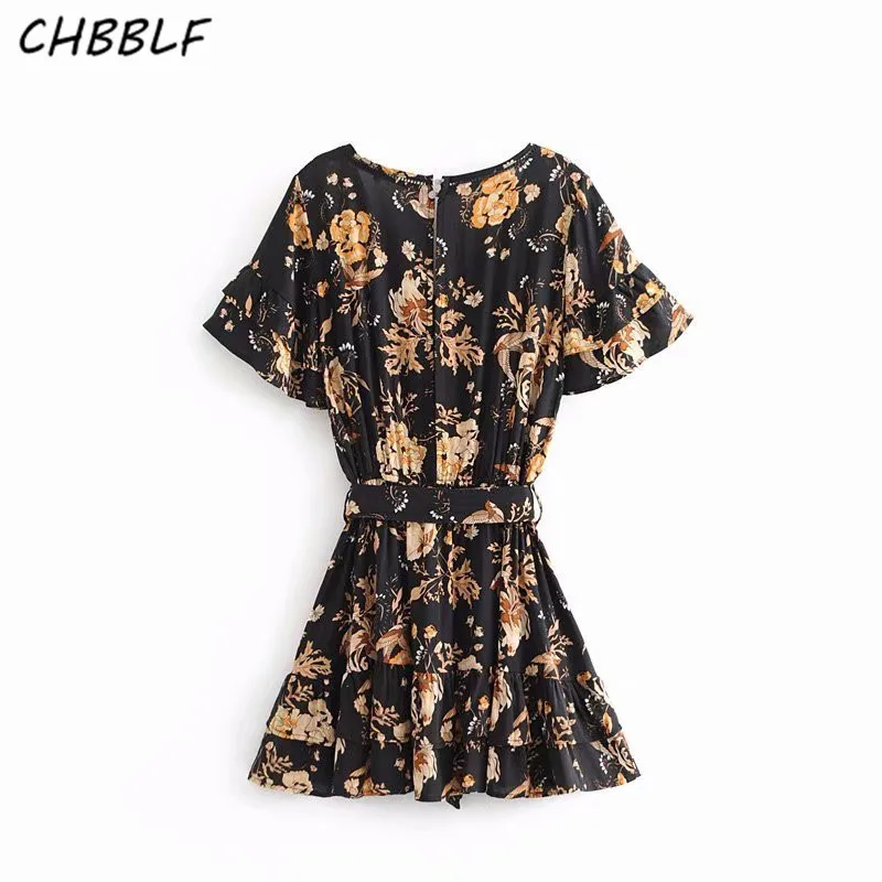 CHBBLF Женские винтажные цветочный мини-платье V шеи с коротким рукавом