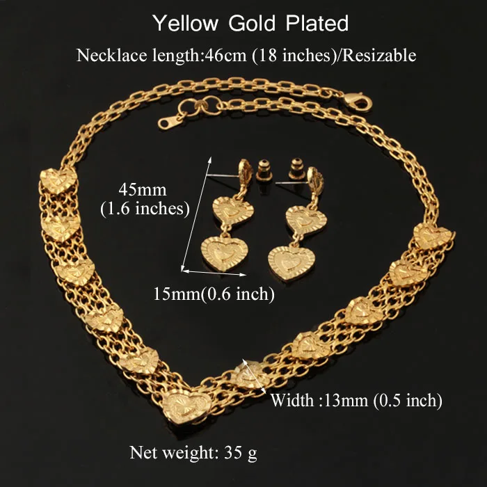 Дубай золотой цвет ювелирные изделия Сердце ожерелье и серьги-капли набор