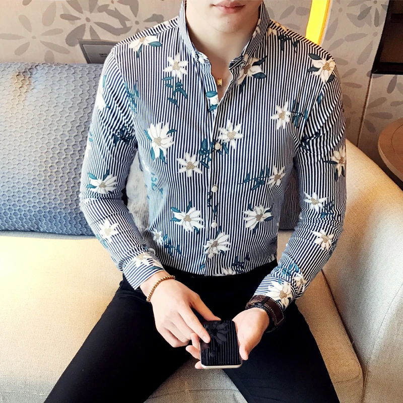 Осень 2017 г. мужчин розовый/Блюз полосой цветы Рубашки корейский стиль социальных