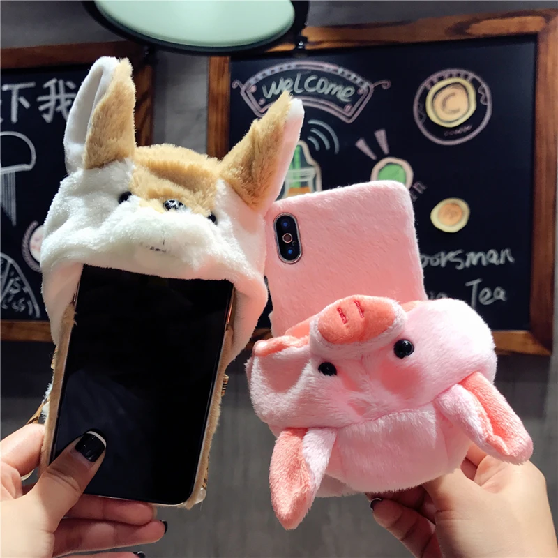 Pig Dog Hat Fur Case For iPhone XS Max XR 6S 7 8 Plus Girl Style Winter Warm Cute Cover X 10 6 Accessory |