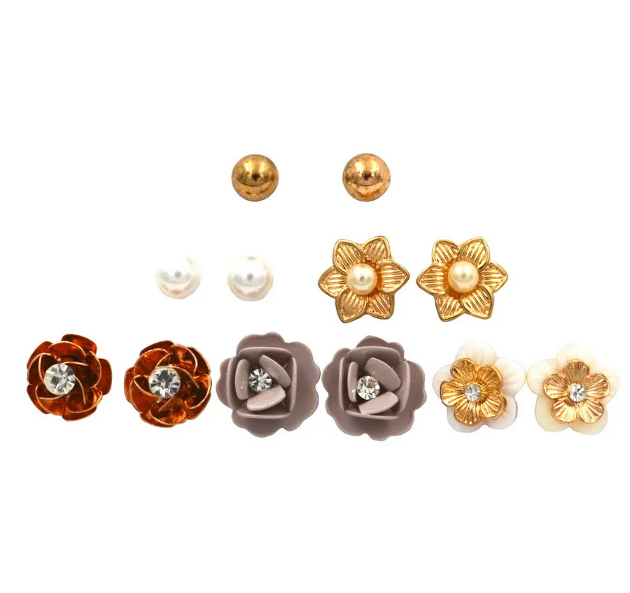 Fashion jewelry fashion golden pearl flower 6 pairs stud earring set wholesale free shipping S001 | Украшения и аксессуары