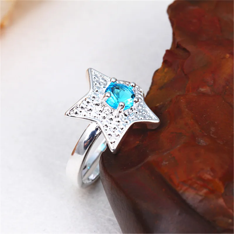 

2019 New Five-pointed star Real Silver Color Adjustable Rings Red/Blue CZ Stone Wedding Ring for Women Fashion Best Gift