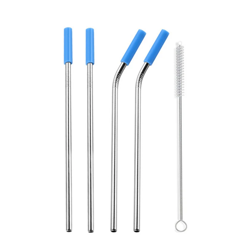 Blue-B EIMAI 4 шт. красочные многоразовые силиконовые наконечники крышка из нержавеющей стали питьевой соломинка металлическая соломинка с кисточкой набор барный инструмент - Цвет: Blue-B