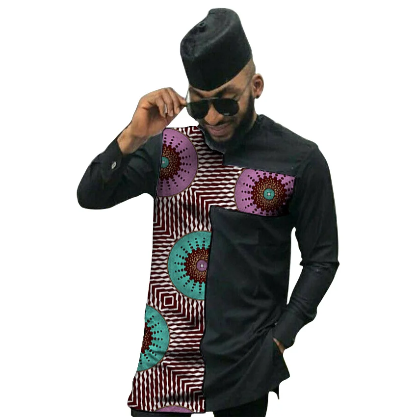 

African print long shirts mens slim fit African men tops fashion patchwork design dashiki clothes customized Ankara shirt