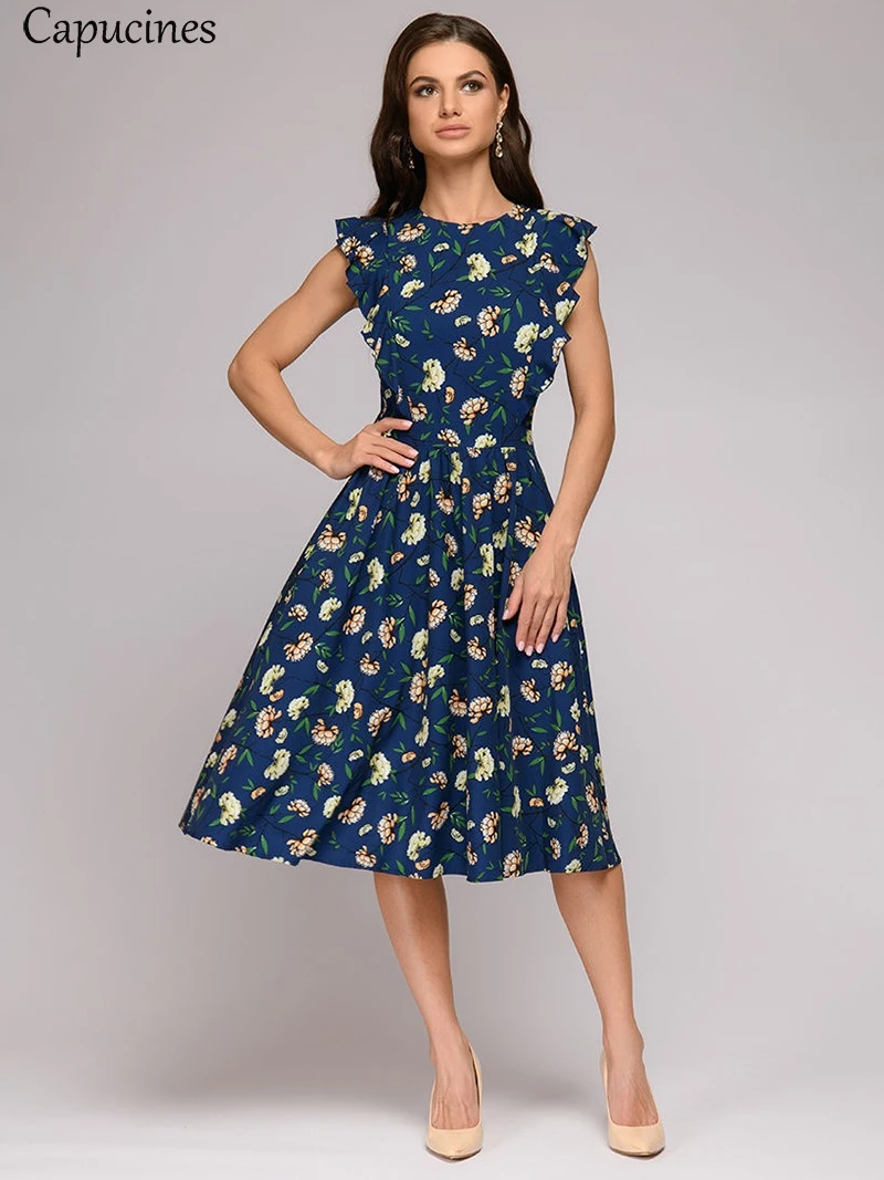 Capucines Summer Boho Floral Print Ruffle Trim A-Line Dress Women Cap Sleeve O-Neck Casual Dress Ladies Office Work Wear