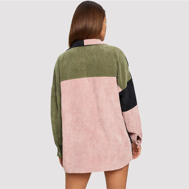 Dotfashion Вельветовая куртка с цветными блоками и карманами спереди, осень, повседневные пальто и куртки, Женская однобортная одежда, верхняя одежда
